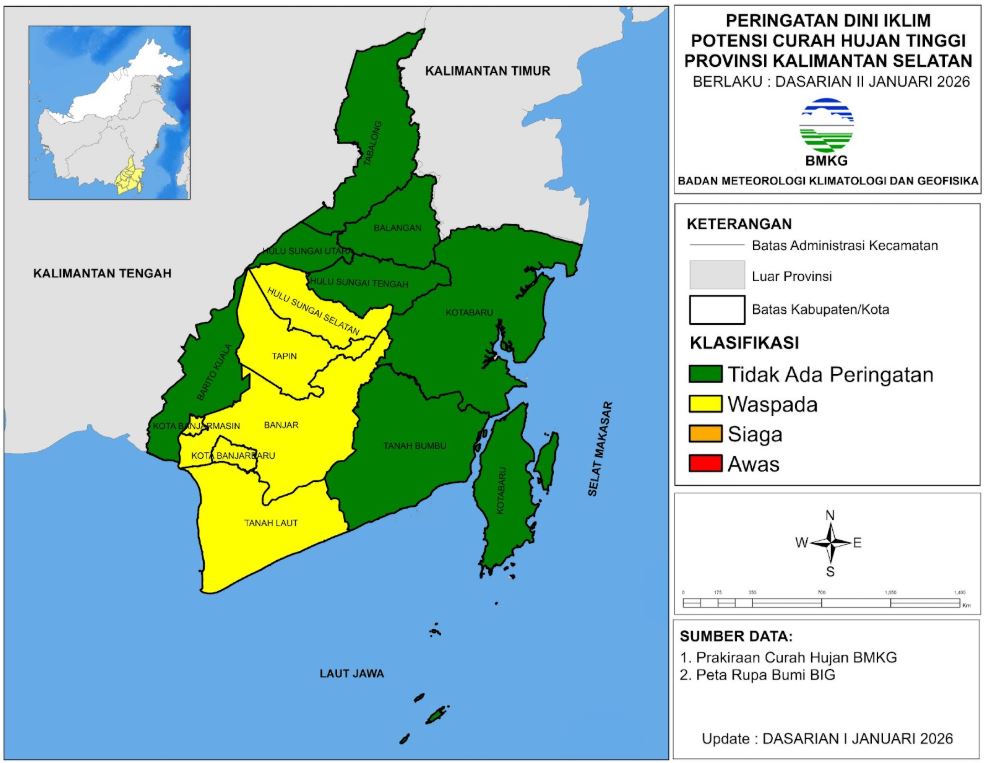 Peringatan Dini Cuaca dan Iklim Dasarian II Januari 2026 Provinsi Kalimantan Selatan